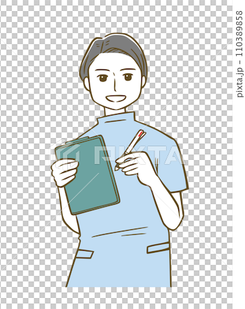 A male nurse in a light blue nurse uniform taking notes on a clipboard 110389858