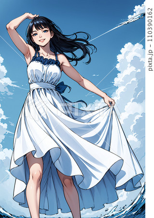 青空と白いワンピースを着た女性のイラスト 青空と白いワンピースを着た女性のイラスト 110390162