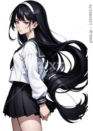 真剣な表情のセーラー服を着た女子高生のイラスト 110390170