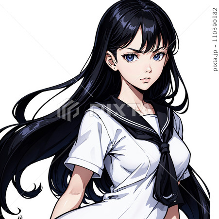 真剣な表情のセーラー服を着た女子高生のイラスト 110390182