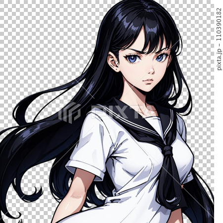 真剣な表情のセーラー服を着た女子高生のイラスト 110390182
