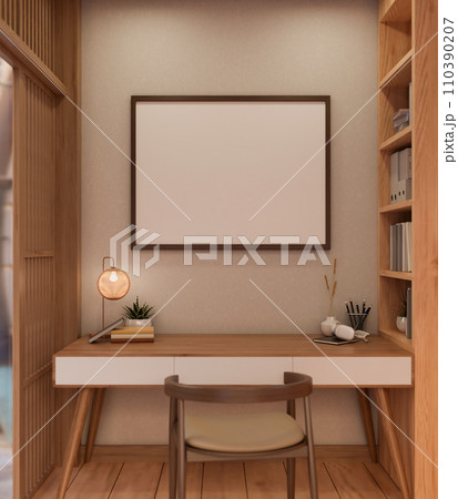 A blank picture frame mockup on the wall in a modern, Scandinavian working room. 110390207