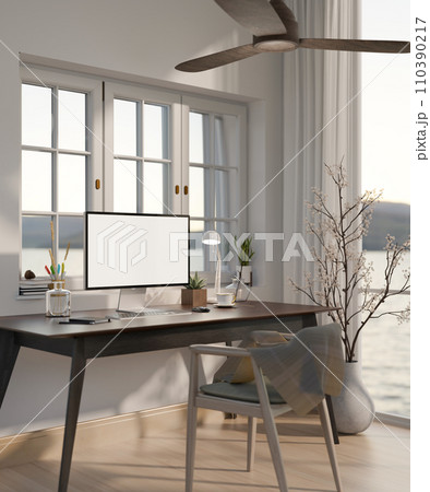 A modern home working room with a computer desk near by the window, a ceiling fan, and accessories. A modern home working room with a computer desk near by the window, a ceiling fan, and accessories. 110390217