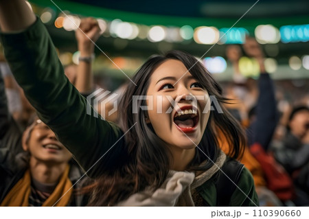 スタジアムで野球の応援をする日本人女性1 AI生成画像 スタジアムで野球の応援をする日本人女性1 AI生成画像 110390660