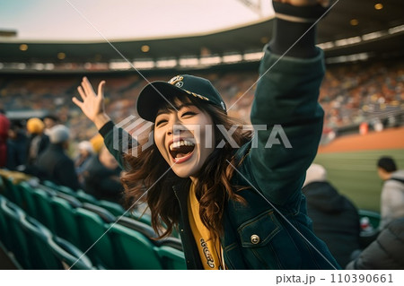 スタジアムで野球の応援をする日本人女性2　AI生成画像 110390661