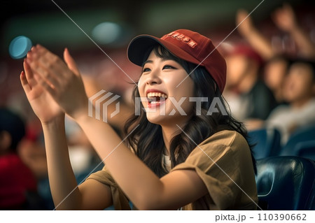 スタジアムで野球の応援をする日本人女性3 AI生成画像 スタジアムで野球の応援をする日本人女性3 AI生成画像 110390662