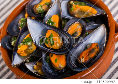Mussels with herbs on plate 110390997