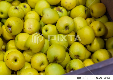 Fresh apples on the counter in supermarket, nobody 110391848