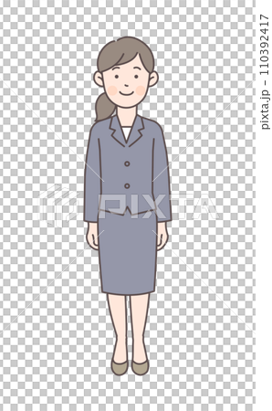 Full body illustration of a woman in a suit standing with a smile Full body illustration of a woman in a suit standing with a smile 110392417