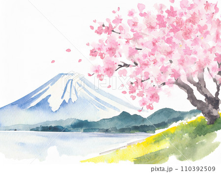 水彩富士山と桜の日本の春の風景（生成AI）のイラスト素材