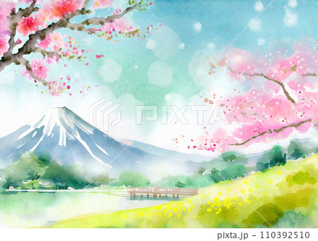 水彩富士山と桜の日本の春の風景（生成AI） 110392510