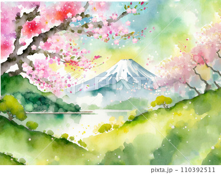 水彩富士山と桜の日本の春の風景（生成AI） 110392511