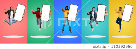 Cool App. Happy Multiethnic Men Demonstrating Big Blank Smartphones With White Screen 110392966