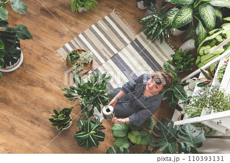 A young woman enjoys caring for flowers. Watering indoor plants and admiring them. 110393131