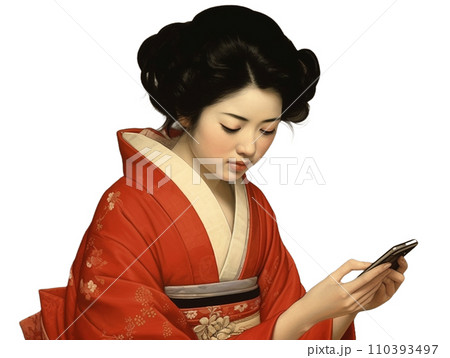 スマホを見る着物姿の女性 110393497
