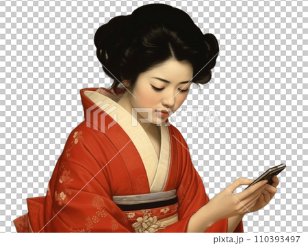 スマホを見る着物姿の女性 110393497