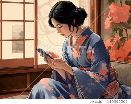 スマホを見る着物姿の女性 スマホを見る着物姿の女性 110393502