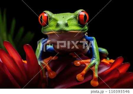 AI-generated content. Wildlife exotic red amphibian nature frog green macro tropical animal AI-generated content. Wildlife exotic red amphibian nature frog green macro tropical animal 110393546