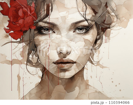 Abstract Woman Face Illustration with Vintage Roses and Grunge Texture 110394066