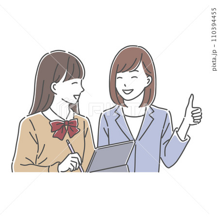 笑顔で勉強を教わる女子高生と女性教師のイラスト素材 110394455