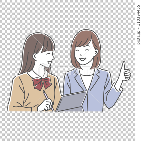 笑顔で勉強を教わる女子高生と女性教師のイラスト素材 110394455