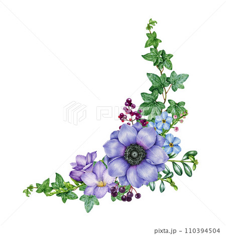 Vintage style flower decor. Watercolor illustration. Hand painted garden lush flowers with green leaves decoration. Blue anemone, freesia, ivy leaf element. Springtime natural decor. White background Vintage style flower decor. Watercolor illustration. Hand painted garden lush flowers with green leaves decoration. Blue anemone, freesia, ivy leaf element. Springtime natural decor. White background 110394504