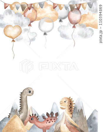 Birthday dinosaur theme clouds, bunting flags, air balloons and mountains. watercolor invitation card template background for kids. Hand drawn card. Birthday dinosaur theme clouds, bunting flags, air balloons and mountains. watercolor invitation card template background for kids. Hand drawn card. 110394869
