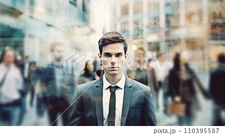 AI-generated content. A young man in a stressed or depressed state against the backdrop of moving people along a city street. Mental health 110395587