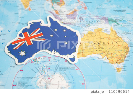Bangkok, Thailand December 7, 2023, Australia flag on world map background. Bangkok, Thailand December 7, 2023, Australia flag on world map background. 110396614