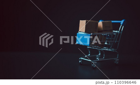 Shopping concept. Paper boxes in blue shopping cart with sale price tag on white background. online shopping consumers can shop from home and delivery service. with copy space. Shopping concept. Paper boxes in blue shopping cart with sale price tag on white background. online shopping consumers can shop from home and delivery service. with copy space. 110396646