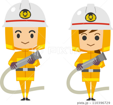 ホースを持っている消防士のイメージイラスト(男女セット) ホースを持っている消防士のイメージイラスト(男女セット) 110396729