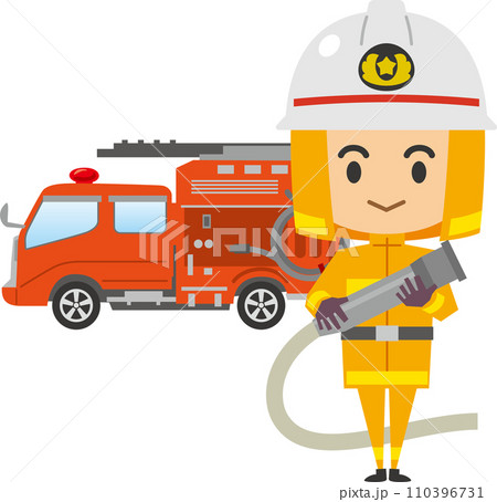 男性消防士と消防車のイメージイラスト 110396731