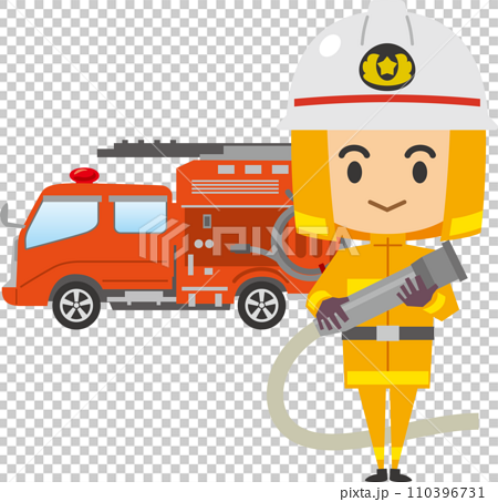 男性消防士と消防車のイメージイラスト 110396731