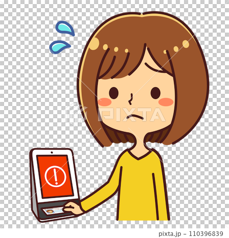 A woman holding her My Number card over a card reader, reading failure, illustration material A woman holding her My Number card over a card reader, reading failure, illustration material 110396839