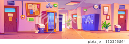 Empty school hallway with lockers, doors to class Empty school hallway with lockers, doors to class 110396864