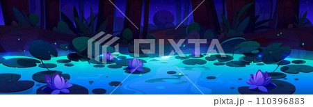 Night forest landscape with water lilies on lake 110396883