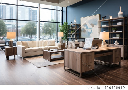 Workspace featuring a spacious, ergonomic desk adorned with minimal decorations to promote a focused and efficient work atmosphere 110396919