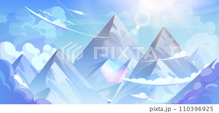 Peaks of high rocky mountains above clouds. 110396925