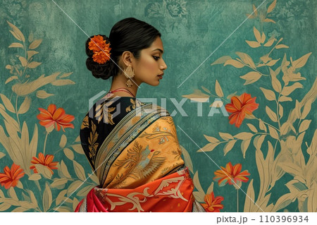 Indian woman standing by a beautiful floral pattern, in the style of fine art portraiture 110396934
