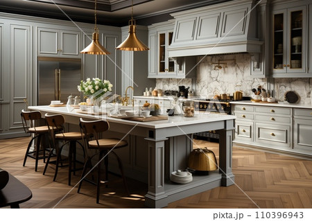Kitchen that embraces Scandinavian design principles, blending elegance with functionality. Whites, grays, and natural wood tones Kitchen that embraces Scandinavian design principles, blending elegance with functionality. Whites, grays, and natural wood tones 110396943
