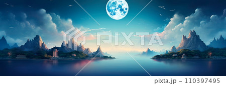 tranquility and magic under the moonlight with minimalistic lunar-inspired watercolor illustrations. 110397495