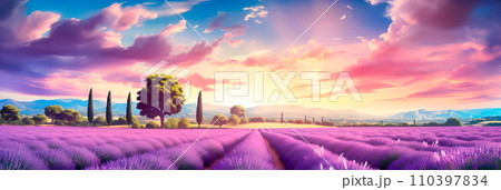 Lavender fields of with rows of fragrant purple blooms. Lavender fields of with rows of fragrant purple blooms. 110397834