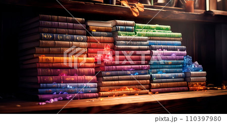 watercolor representation of fairytale book covers stacked on a library shelf, each telling a different magical story. 110397980