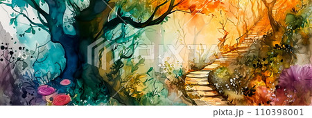 whimsical watercolor of a secret garden with hidden doorways, winding pathways, and fantastical flora. 110398001