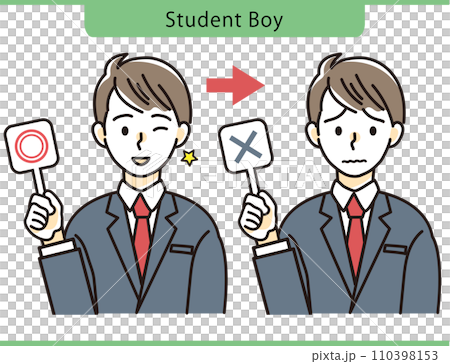 丸・バツのタブを持つ男子学生のイラスト素材 110398153