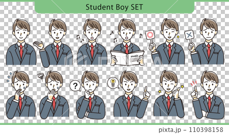 Male student set with various expressions and poses Illustration material 110398158