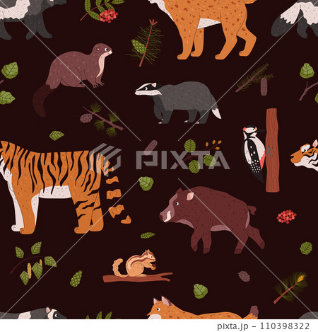 Taiga flora and fauna on vector seamless pattern, cartoon Northern wild animals and branches of conifer tree with cone Taiga flora and fauna on vector seamless pattern, cartoon Northern wild animals and branches of conifer tree with cone 110398322