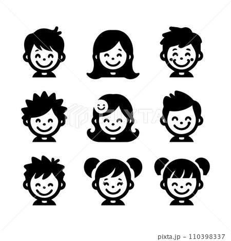 Set of silhouettes kids baby children editable vector icon in various poses 110398337