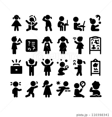 Set of silhouettes kids baby children editable vector icon in various poses 110398341