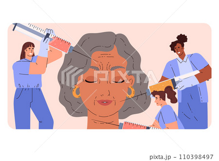 Cosmetology, dermatology, anti-aging facial skin care, vector woman getting procedure of beauty botox fillers injection 110398497